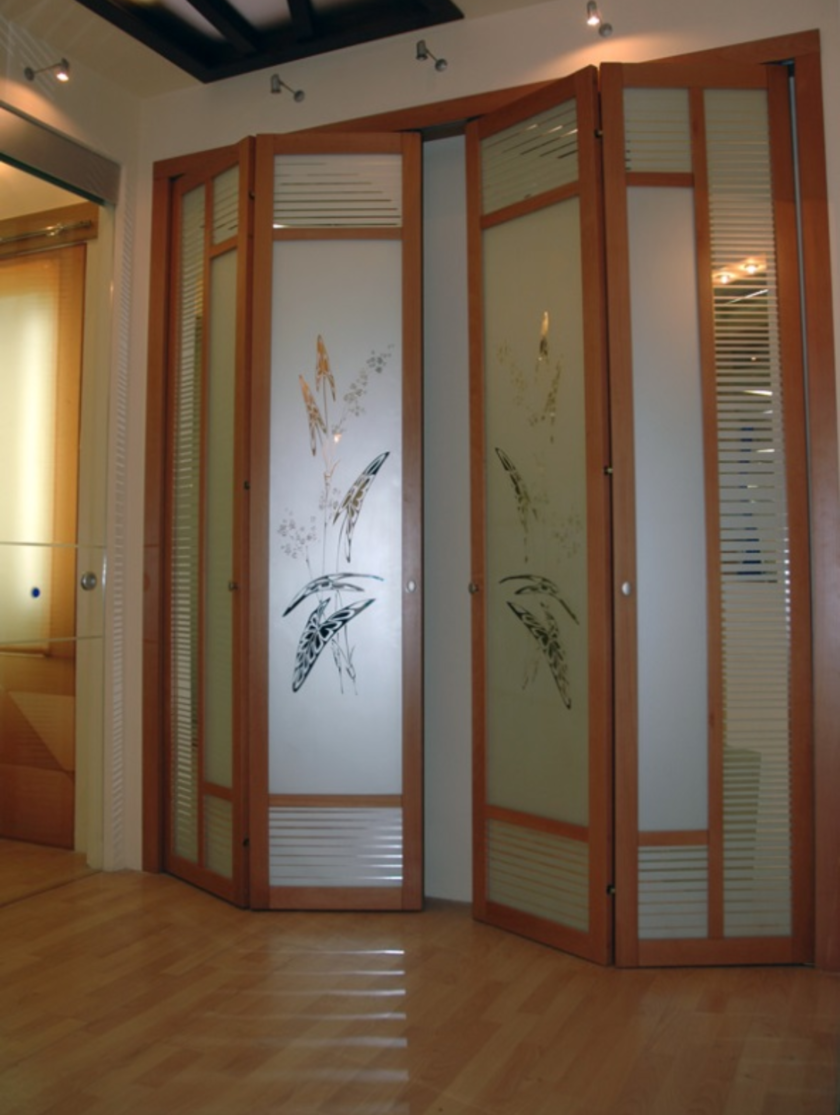 Широкие двери гармошка с матовым стеклом и рисунком Белгород
